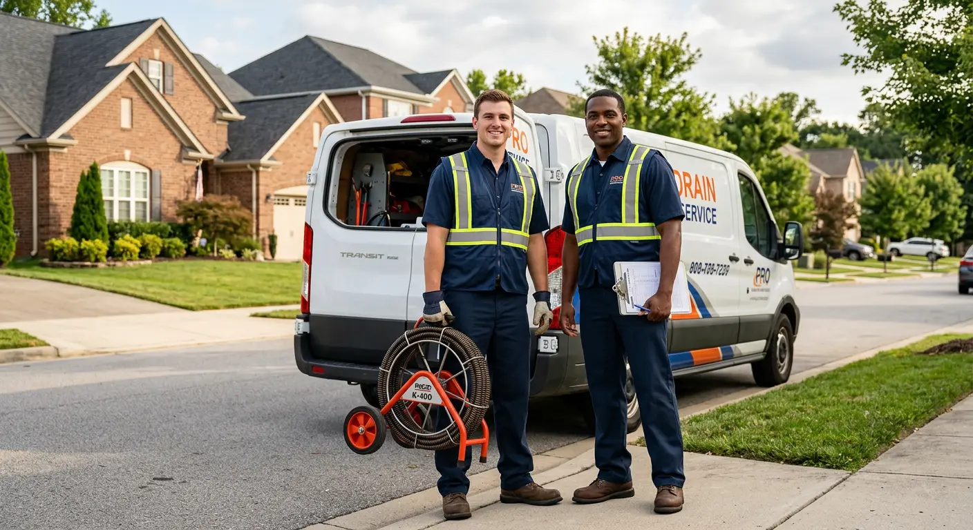 Sewer and drain service team with equipment ready for work in Sparta