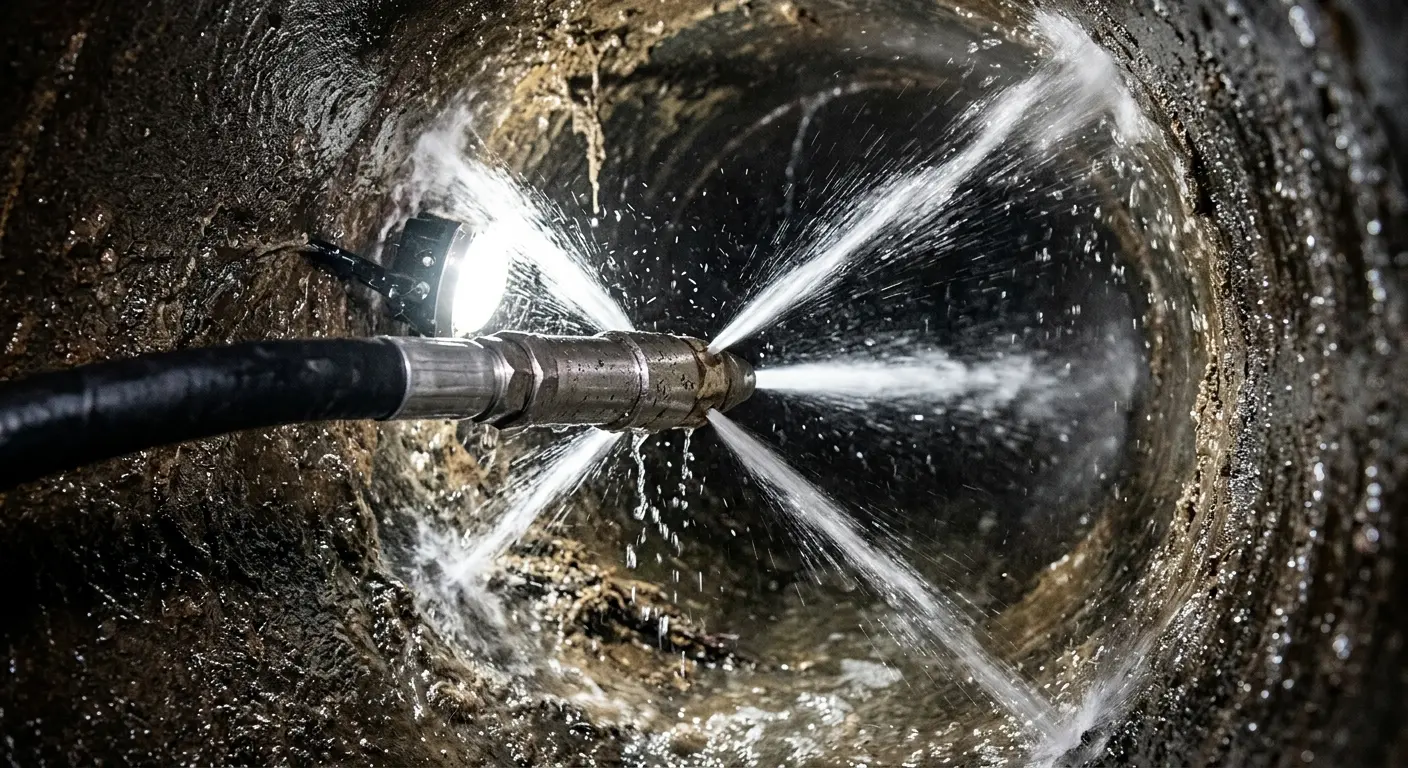High-pressure hydro jetting nozzle cleaning sewer pipe for Emergency Drain Service in Sparta