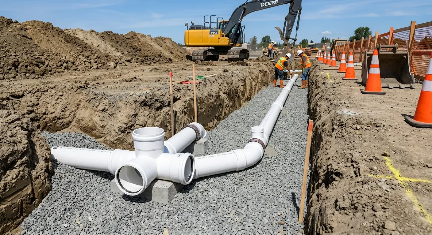 New PVC sewer pipe installation in open trench for Sewer Backup in Sparta
